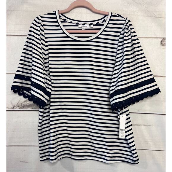 Chico's Size 2 NWT Knit Top Navy Stripe White Fun Lace Detail Tee - Picture 1 of 6
